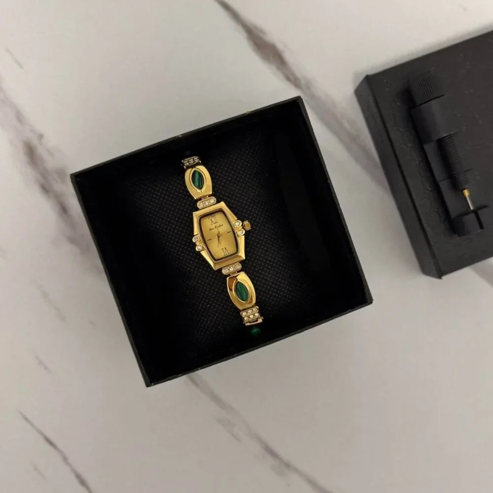 SKU0071Casual Gold Green Gemstones Women Fashion Watch‎ stainless steel+gift bag